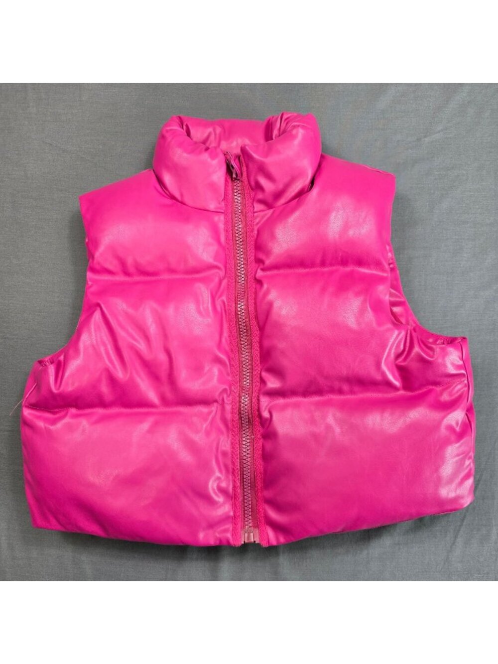 Oliveaceous M Puffer Vest Bright Pink Fuschia Faux Leather Zip-Up Quilted
